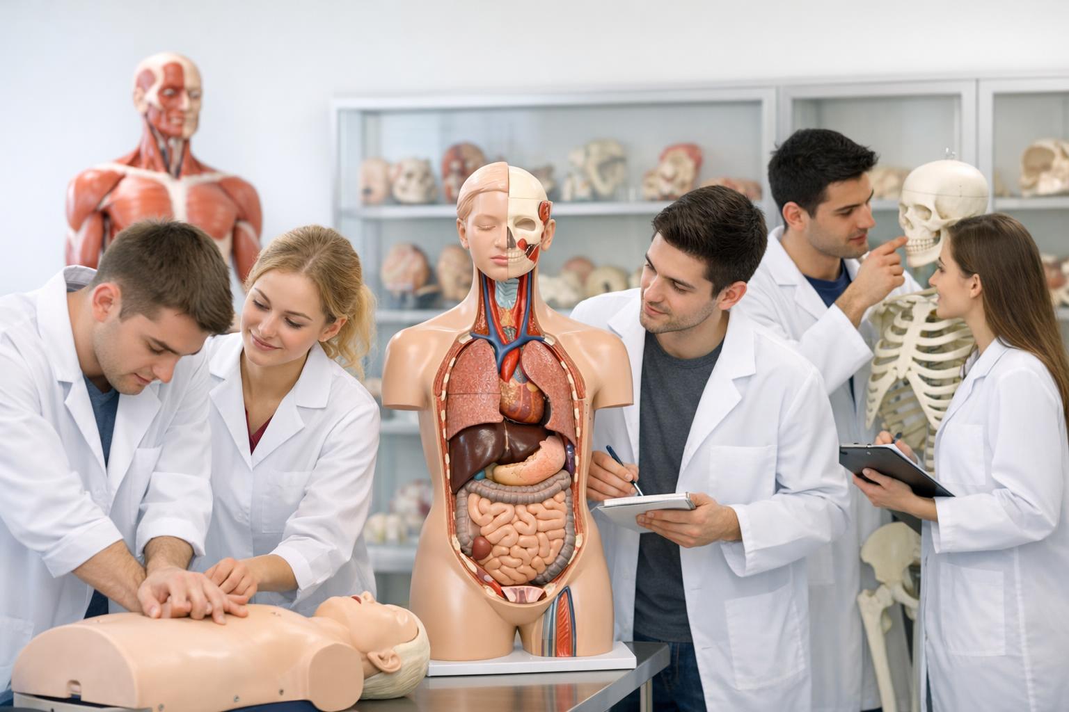 zdjęcie grupy studentów ćwiczących na modelach anatomicznych w pracowni
